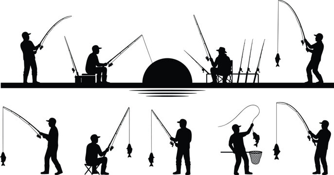 Black silhouette fishing icons docksilhouette fishing icons dock anglers rods net catch leisure vector design collectionBlack silhouette fishing icons dock anglers rods net catch leisure 