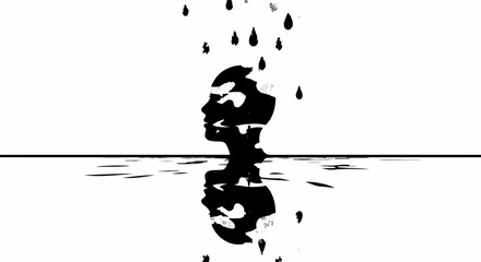 Fototapeta premium Abstract silhouette of a head dissolving into dark droplets against a stark white background