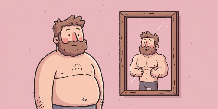 overweight man looking in mirror and seeing reflection of fit and muscular man