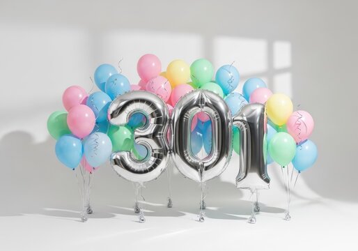 Metallic number 301 balloons surrounded by colorful floating balloons