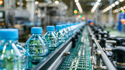 Naklejka premium Automated Conveyor Belt Transporting Plastic Water Bottles in Factory
