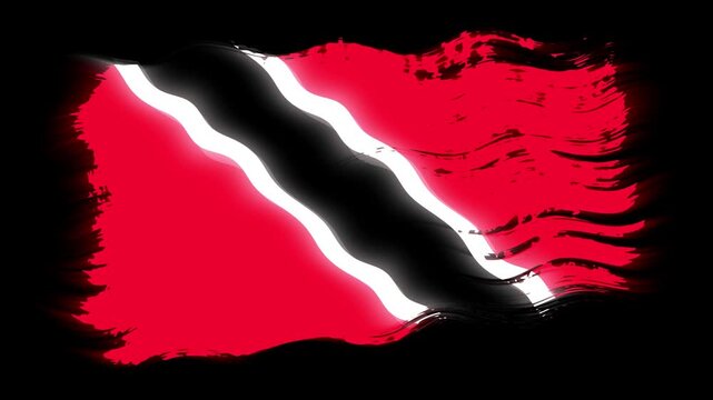 Waving torn Trinidad and Tobago flag grunge brush burn light leaks, transparent background alpha channel loop full HD