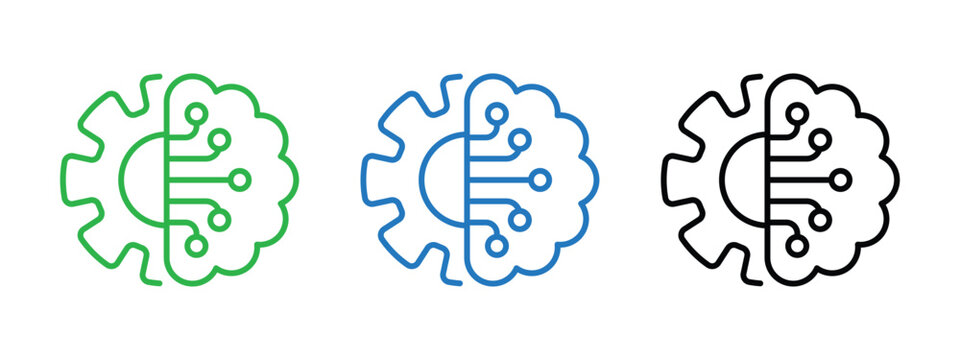 Artificial intelligence brain gear icon set, digital neural network concept, machine learning technology line art vector illustration