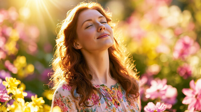 Peaceful young woman enjoying sunny spring day in flower garden