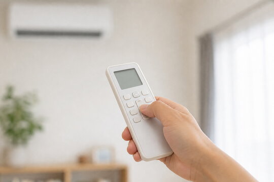 エアコンリモコンのボタンを押す節電の手元
