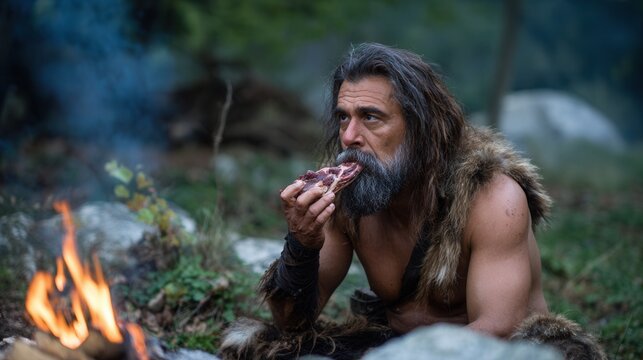 A man in fur clothing sits by a fire and eats raw meat, recreating the atmosphere of prehistoric life. A wilderness survival scene: fire, fur clothing, and natural food.