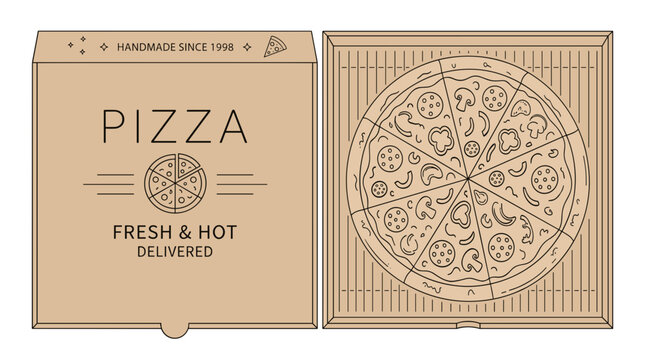 Pizza box with whole pizza inside and text fresh hot delivered handmade since 1998