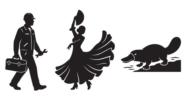 Silhouettes of a construction worker, a flamenco dancer, and a platypus