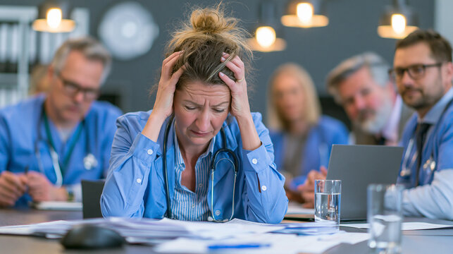 Stressed businesswoman experiencing work pressure during corporate meeting