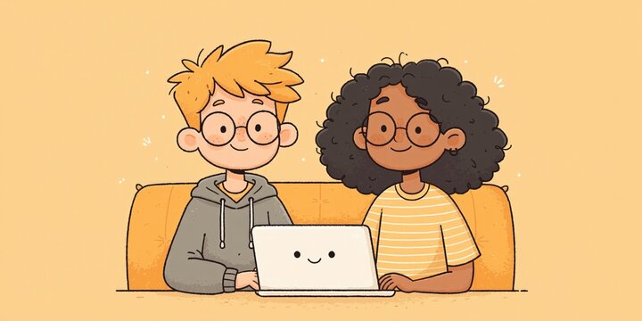 Two Gen Z young people using laptop 