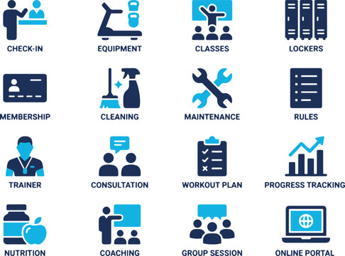 Comprehensive Set of Fitness Center Services and Gym Management Icons Illustrating Facility Operations and Member Experience