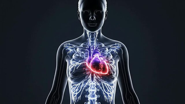 Detailed Visualization of Human Anatomy Highlighting Heart in Translucent Body Against Dark Background Using Advanced Medical Graphics and Technology