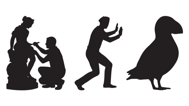 Silhouettes of a sculptor working on a statue, a man pushing, and a puffin bird