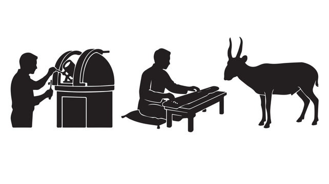 Silhouettes representing astronomy, traditional music, and wildlife