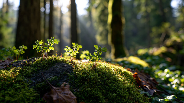 Close-up of young plants growing on mossy forest floor with sun rays
