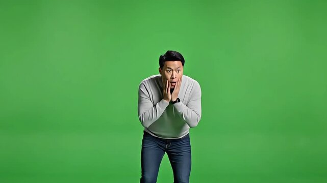 Shocked Asian Man with Surprised Expression on Green Screen Background