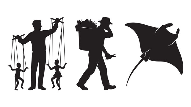 Set of black silhouettes featuring a puppeteer with two puppets, a gardener carrying a basket, and a manta ray
