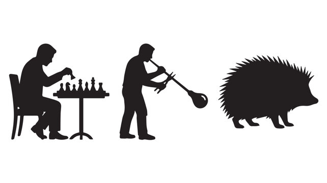 Silhouettes of a man playing chess, a glassblower working, and a hedgehog