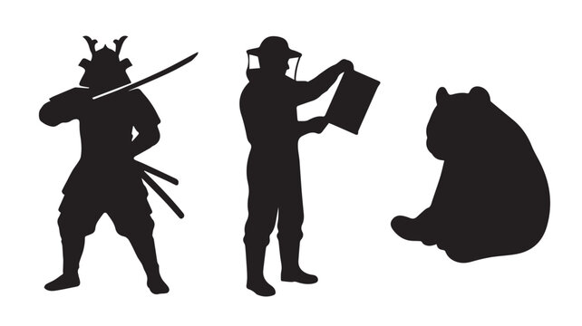Silhouettes of a samurai warrior, a beekeeper, and a sitting panda bear