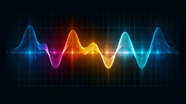 Colorful abstract sound wave visualization on dark background with grid