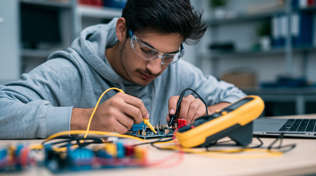 Focused young engineer testing electronic circuit with multimeter in laboratory
