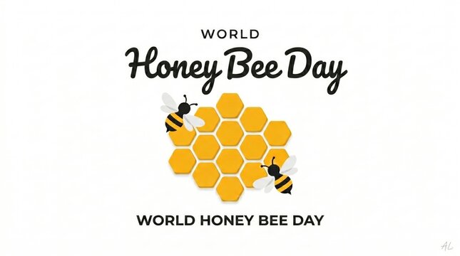 World honey bee day flat vector design with honeycomb hexagons and two flying bees icons on white background for modern minimalist social media posts environmental banners and educational flyers.
