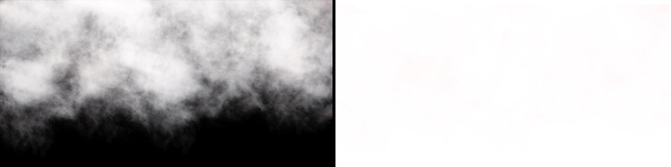 Fototapeta premium Thick white steam or soft cloud layer isolated on black and transparent background for professional image compositing.
