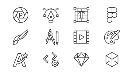 Fototapeta premium Collection of graphic design and creative process icons including camera aperture, pen tool, text, brush, compass, video player, palette, letter A, code, diamond, and cube
