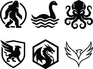 Obraz premium Cryptids and Mythological Creatures Vector Icons Set Featuring Bigfoot Loch Ness Monster Kraken Griffin Dragon and Phoenix
