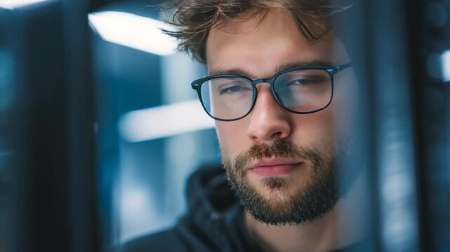 A bearded male professional with glasses is concentrating on a computer screen in a contemporary workspace. The image captures a tech savvy, determined individual in a creative setting