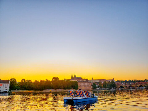 Prague, Czechia Seen From the Vitava River During a Spring Evening