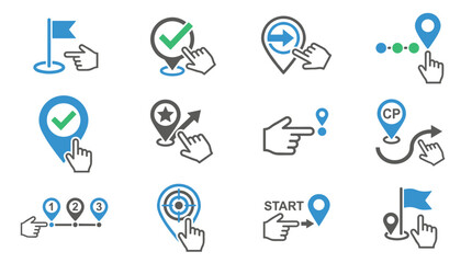 Fototapeta premium Collection of navigation and location icons with hand cursor interaction for digital maps and planning