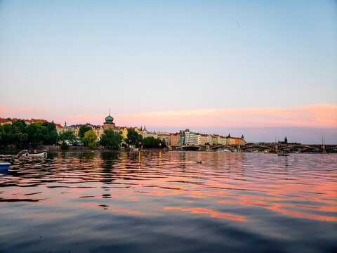 Prague, Czechia Seen From the Vitava River During a Spring Evening