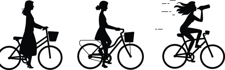 Obraz premium Silhouettes of people riding bicycles in different postures and activities on white background for lifestyle design