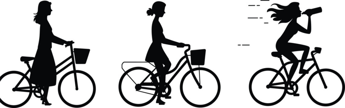 Silhouettes of people riding bicycles in different postures and activities on white background for lifestyle design