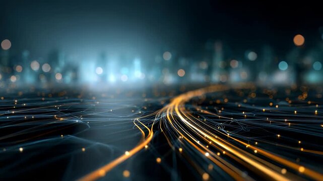 Vibrant stream illuminated data lines travels across virtual grid, symbolizing connectivity, digital transformation. City skyline in background enhances sense progress, advancement