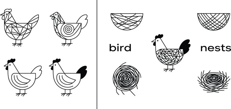 Stylized chicken and bird nest illustrations with geometric patterns and abstract line designs in black and white