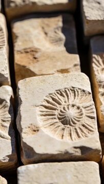 Vertical video: Moving camera down outside, revealing limestone block carved spiral showing texture