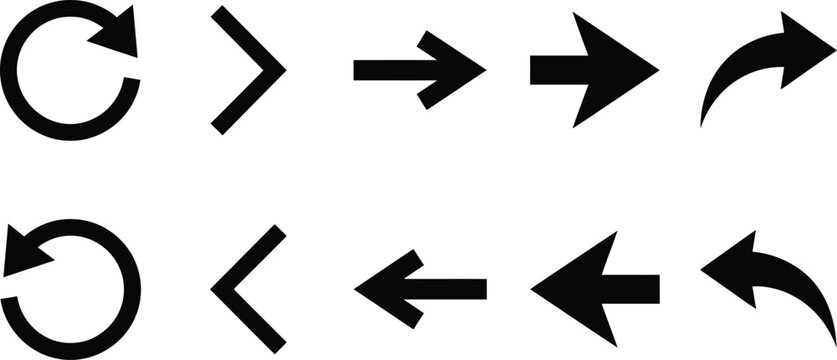 Set of simple black arrows and reload refresh icons for web design and user interface navigation