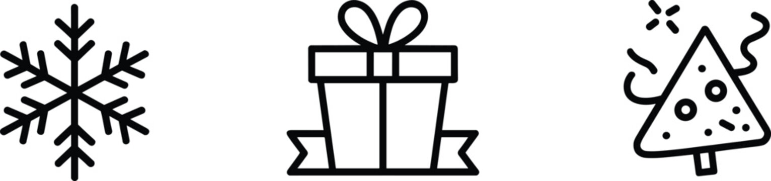 Winter holiday line icons featuring snowflake gift box and decorated Christmas tree in black outline style