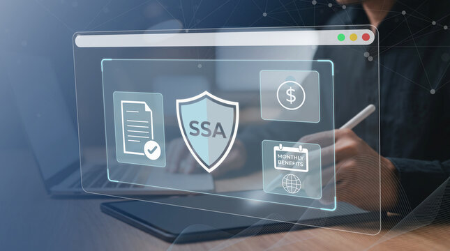 Person reviewing secure social security administration documents and monthly benefits on digital tablet interface