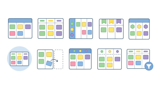 Colorful software interface mockup screens.