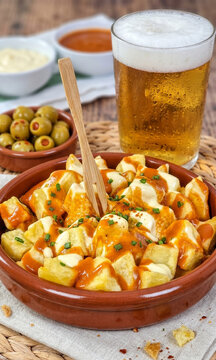 Plato de patatas bravas tradicionales servidas en cazuela de barro con salsa picante y alioli, acompa&ntilde;adas de una ca&ntilde;a de cerveza fr&iacute;a y aceitunas rellenas