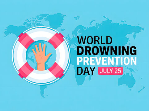 World drowning prevention day awareness poster with life preserver and hand reaching out for help july 25th