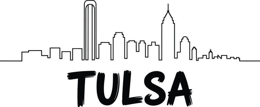 Tulsa skyline silhouette with text, city architecture in a style and hand drawn, travel destination, and brush stroke and black and white in outline s