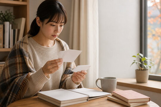 白紙カードで復習する資格試験前の日本人女性