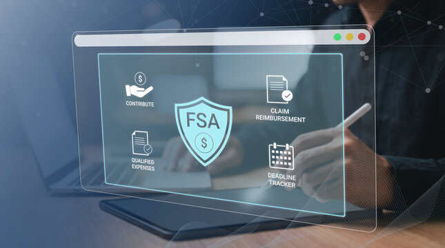 Person using digital tablet displaying flexible spending account management interface with contribute claim reimbursement and deadline tracker options