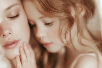 Obraz premium Gentle embrace between two young women with soft lighting and ethereal beauty, close-up portrait.
