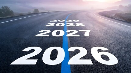 Obraz premium Asphalt road markings showing the years 2026 2027 2028 and 2029 leading into the bright future