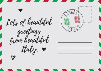 Fototapeta premium A stylized postcard illustration with a stamp bearing an inscription in Italian and English. Useful for tourism marketing, print materials, souvenirs and digital content.